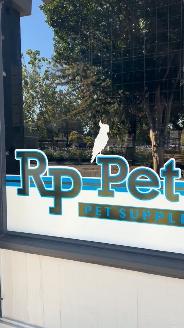 Rp Pet Center storefront window carrying the wordmark in blue and green with a white cat silhouette cut into the glass above it