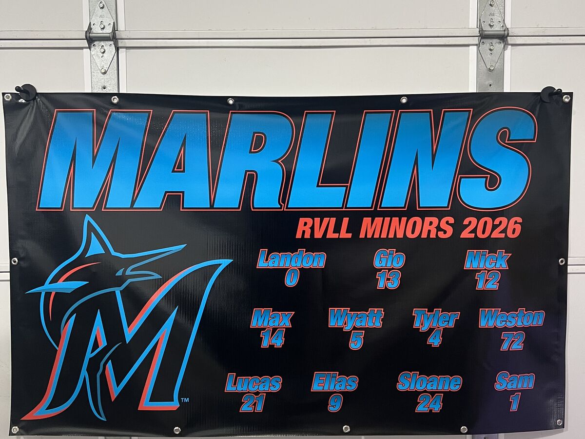 Black vinyl team banner reading MARLINS, RVLL Minors 2026, with the marlin mark and eleven players’ names and numbers